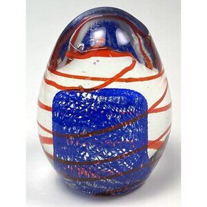 3.5" Egg Shaped Hand Blown Art Glass PAPERWEIGHT Red Spiral Blue Lattice Heavy